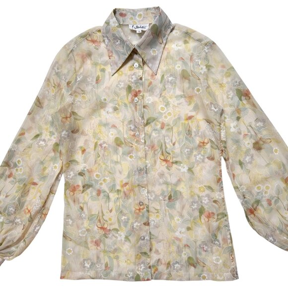 70s Vintage Lady Manhattan Blouse Semi Sheer Pastel Floral Pointed Collar. - Picture 2 of 8